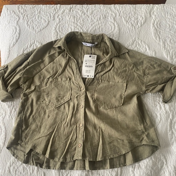 Zara Khaki Green button down short sleeve shirt - Picture 3 of 7